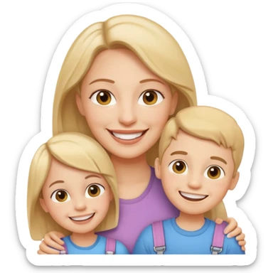 a mother smiling with two kids, all wearing braces, friendly emoji style sticker