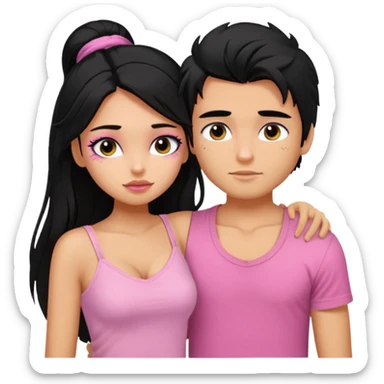 generate a pretty tan bratz boy with messy black hair wearing a white tshirt. Hugging a fair girl with long black hair, eyeliner, wearing a pink cami.  sticker