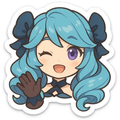 chibi style Gwen from League of Legends, only head, right eye purple, one hand waving with glove, cute and expressive sticker