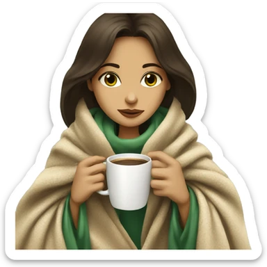 Brune girl inside a blanket beige  sipping coffee starbacs  eyes green sticker