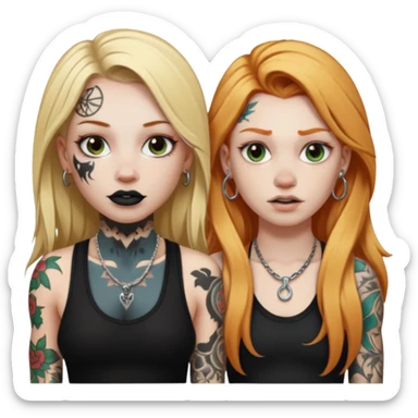 girl with long blonde hair, black tattoos and a septum piercing next to an athletic ginger girl with tattoos and a septum piercing sticker