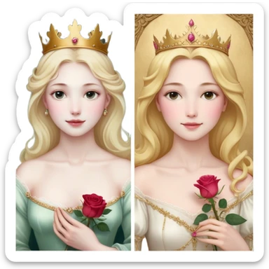 Cinematic Realistic Sleeping Beauty (Aurora) Portrait, with porcelain-like skin featuring a natural rosy flush, illuminated by soft lighting that highlights the gentle contours of her face. Her golden blonde hair flows in soft, detailed waves with subtle highlights that shimmer in the light. Her deep violet-blue eyes radiate warmth and innocence, framed by arched brows and long lashes. With a soft, serene smile, she holds a delicate rose gently in one hand, her other hand resting lightly by her side. She is dressed in her classic pink gown, the fabric rich in texture with delicate folds that catch the light. A golden crown rests atop her head, gleaming with royal refinement. The portrait captures a soft, glowing aura, blending realism with an ethereal sense of beauty and timeless enchantment. sticker