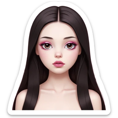 girl with white skin, dark brown long realistic straight hair with middle part prominently falling in front of her body over her shoulders, very big pouty extremely glossy ultra-shiny lips with nude reddish-pink lip gloss and absolutely no cupid's bow, big round eyes with very black shiny eyeballs and huge eyelashes, no eyeshadow, pink blush on cheeks, lighter button nose, exceptionally elongated very long oval-shaped face, wearing a pink off-shoulder top, looking directly at camera with hands down at sides sticker