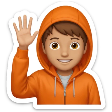 Brown hair boy in orange hoodie smiling and 
waving hi sticker