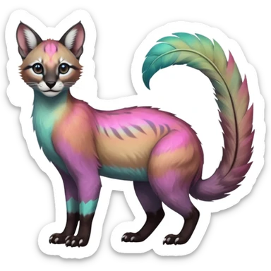 Colorful dark tropical feathery tribal pale light fruity pastel white glorious iridescent divine exotic cute cool beautiful beautiful fantasy-caracal-civet-genet-sergal-vernid-Cacomistle-Trico-oncilla-animal-Fakémon-hybrid-fursona (full body) sticker