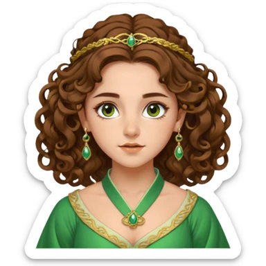 very beautiful italian girl, looking a bit like Emma Watson, with curly and big volume very bright brown hair, and a golden piercing ring in nose on left side, dressed in a beautiful sexy hanfu dress of green colors, nose ring sticker
