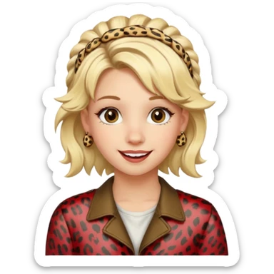 Une fille blonde et joyeuse. Elle porte une coiffure rock et originale avec des barrettes léopard et motif peau de vache. sticker