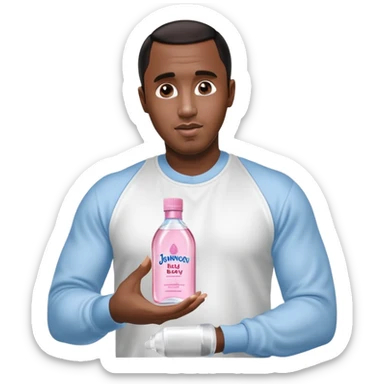 A realistic product shot of a transparent bottle of Johnson’s Baby Oil by Johnson & Johnson, featuring a soft pink label. The oil inside is crystal clear and glossy. Sean "Diddy" Combs is holding the bottle sticker