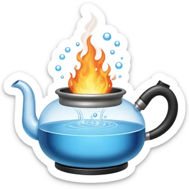  a small pot or kettle filled with water placed on fire, the water is boiling intensely with visible steam and bubbles rising, bright lighting, clean white background sticker