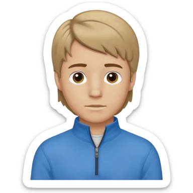 boy with dark blonde hair in a mullet to the front, with a neat blue shirt (not a t-shirt) and brown quarter zip sticker