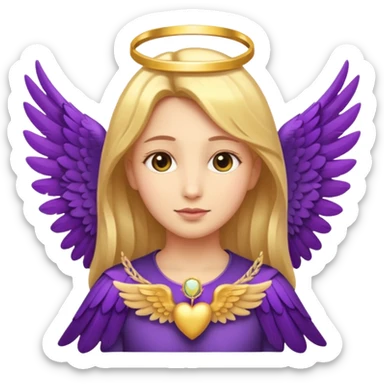 An emoji with a kind female face and two peaceful child faces beside her, four wings in total, purple feathers, golden halo, gentle expression, stylized like an iOS emoji sticker