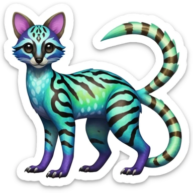 Rare realistic neon-colored iridescent shiny warm-colored lush tropical exotic cute edgy epic pretty beautiful handsome gorgeous aesthetic colorful vibrant Vernid-Protogen-Primagen-Wickerbeast-Genet-Trico-species-Fakemon-hybrid-creature by LiLaiRa, beautiful intricate markings, full body sticker
