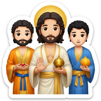 Create a Jesus, Krishna, and Buddha standing together. Jesus: long wavy dark-brown hair, short beard, wearing a simple white robe. 

 sticker
