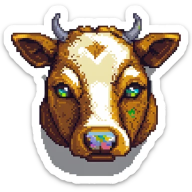 simple blocky Minecraft cow head emoji with 2 or 3 large colorful square pixels, chunky, playful, childlike sticker
