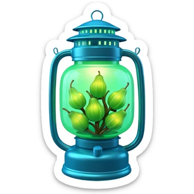 3D render of Lantern Fruit, bioluminescent deep sea style, glowing neon blue and green lights, dark background to contrast the glow, translucent organic textures. sticker