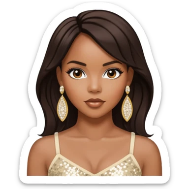 LeToya Luckett with long dark brown hair, ivory sequin crop top, ivory earring sticker
