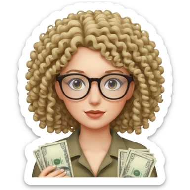curly haired white woman with glasses surrounded by cash sticker