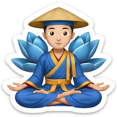 Tibetan monk in Asian hat floating in lotus pose in blue kimono sticker