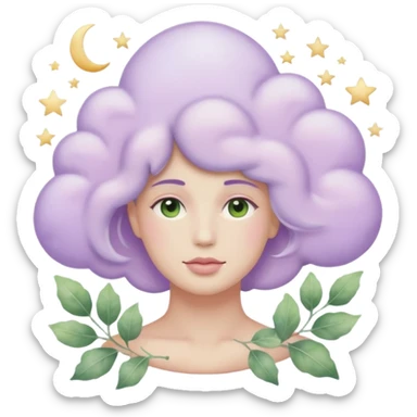 watercolor-style emoji of a human head silhouette with “AI” inside a lilac cloud, connected to a soft circuit shape. gentle pastel palette (sage green, blush, lilac), surrounded by leaves, moon, and stars — poetic and calm aesthetic. sticker