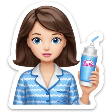Barbie girl with makeup, blue eyes , and bob long haircut wavy, short brown hair in creamy color pajamas, face cream in hand sticker