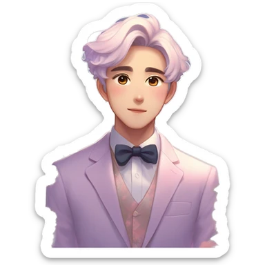 Gorgeous romantic anime style Asian formal modern gentlemanly guy with flowers and blushing face aesthetic trending style outside with colorful gradient colors  pastelcore cottagecore kawaiicore sticker