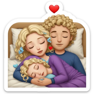 cuddling in bed, asleep. wavy haired blonde girl. man with curly,  dark brown hair. eyes closed. heart between them. no headboard sticker