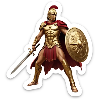 Cinematic-realistic Achilles, the unstoppable Greek warrior, standing fearlessly on the battlefield of Troy. His golden armor gleams under the scorching sun, each intricate engraving telling tales of his past glories. His piercing gaze locks onto his foe, his grip tightening around his ornate bronze sword as his crimson cape billows behind him. The dust swirls at his feet, the echoes of clashing weapons and distant war cries surrounding him, the essence of an immortal legend in motion. sticker