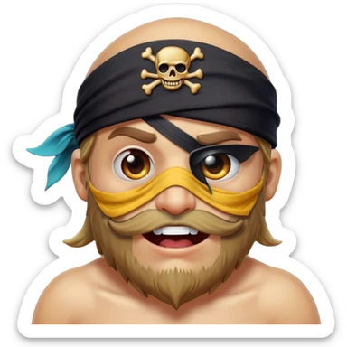 Clash of Clans aesthetic Comical Pirate Portrait Emoji, Head tilted dramatically with an exaggerated, fun expression and wide, comically expressive eyes behind a quirky eye patch, featuring a rugged yet cartoonish build with a playful bandana and natural skin tone, Simplified yet hilariously expressive features, highly detailed, glowing with a slightly sassy oceanic glow, high shine, dramatic yet playful, stylized with an air of cheeky maritime mischief, soft glowing outline, capturing the essence of a meme-worthy pirate who brings humor to epic quests! sticker