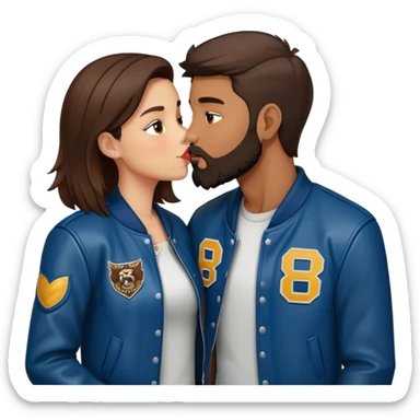 A brunette girl with a letterman jacket kissing a brunette boy with a beard and leather jacket  sticker