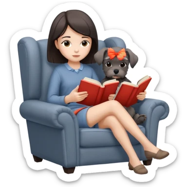 a girl reading a book in an armchair, Schnauzer puppy sitting beside, cozy and relaxing, iPhone icon style, soft colors, minimal details sticker