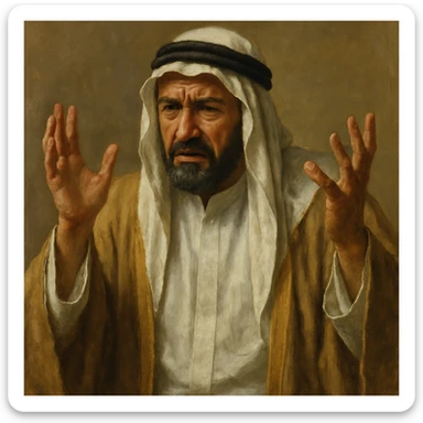 Сгенерируй араба в национальном  костюме, он чуть недоволен и размахивает руками, в стиле реалистичной живописи. . На однородном фоне sticker