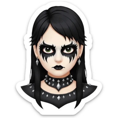 Crea una ragazza con stile black metal,  paint face black metal, capelli neri mossi dalle spalle e occhi bianchi e un collare con borchie a punta sticker