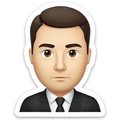 Very fuller-figured businessman with light brown complexion, pear-shaped face with wider jawline, professional demeanor, dark eyes, thick eyebrows, wide nose, short neat beard, short dark hair, wearing a black formal shirt sticker