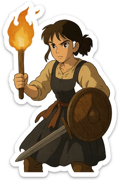 a warrior maiden with a sword and shield, common tavern clothing, eye gleam, defense stance, repose, amid darkness of midnight, holding only a torch sticker