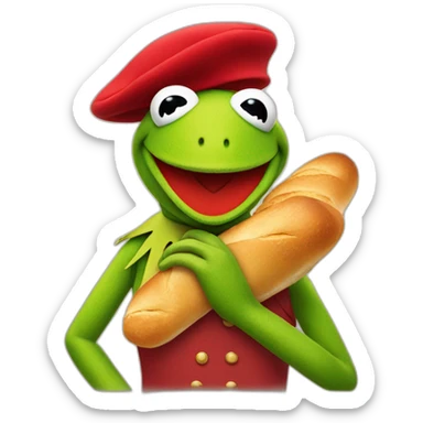 kermit the frog with a red beret and a baguette and being french sticker