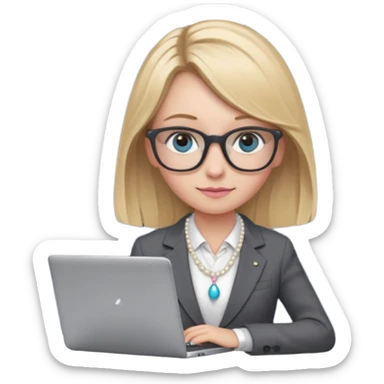 Please take the girl with laptop emoji and make her glassess light brown, her eyes ocean blue and her nose a bit smaller and pointier and she has blonde very long hair and a dark grey suit and pearls necklace, and has a laptop in fron of her and a tiny pink bow on the left side of her head sticker