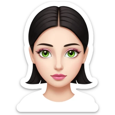 Front-facing portrait of a young woman with fair glowing skin, symmetrical features, light green almond-shaped eyes, long lashes, soft arched brows, straight refined nose, and full natural pink lips. Dark sleek hair pulled back with a middle part.  sticker