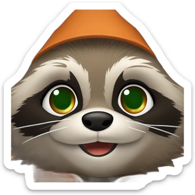 brown raccoon with orange eyes and a dark green hood that is smiling sticker
