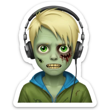 boy zombie whit blonde emo hair and eyes blue and GREEN SKIN and heandphones and a microfone and gold teeth sticker