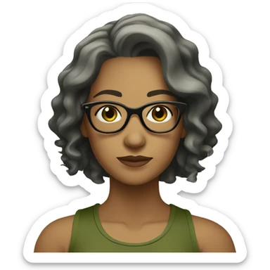 white skined woman with wavy black hair with a olive green tank top with glasses tortoise  sticker