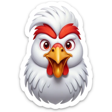 Cinematic Comical White Rooster Portrait Emoji, Head tilted dramatically with an exaggeratedly shocked or amused expression, featuring a striking pure white plumage with a bold red comb, wide, expressive eyes filled with playful disbelief, Simplified yet hilariously expressive features, highly detailed, glowing with a slightly sassy glow, high shine, dramatic yet playful, stylized with an air of cheeky mischief, bright and endearing, soft glowing outline, capturing the essence of a spirited and over-the-top rooster, so meme-worthy it feels like it could crow its way into internet fame instantly! sticker