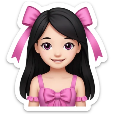 A cute girl, long black hair with 🎀, black eyes, wearing a pink dress  sticker