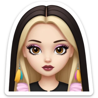 pale skin, girly bratz baddie, beautiful dark brown eyes, pretty black makeup, long dark blonde straight hair sticker