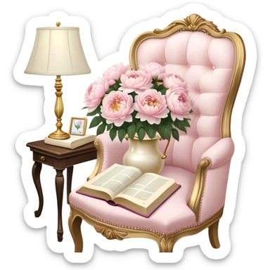 A cozy vintage-inspired reading nook, with an overstuffed ivory armchair, a golden reading lamp, and a bouquet of soft pink roses, white peonies, and dahlias resting on a small lace-covered side table, as a pearl butterfly gently rests on the open book.
 sticker