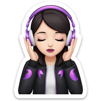 Girl with dark hair, fair skin tone, wearing a black jacket, has glitter on her eyelids, and wearing mauve lipstick, wearing white headphones, her hands are on her ears, and her eyes are close sticker