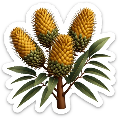 Cinematic Realistic Banksia Emoji, Bold and striking, with spiky, cylindrical flower heads covered in rich golden hues. The leaves are thick and leathery, adding a sense of strength to this unique and iconic tree. Soft glowing outline, capturing the essence of Australian ruggedness and floral beauty in a distinctive banksia tree! sticker