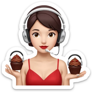4–5 women at a listening party with a red and silver dress code. One holds a dark chocolate cupcake. Two wear over-ear headphones like AirPods Max. Indoor event lighting, modern and metallic vibe. sticker