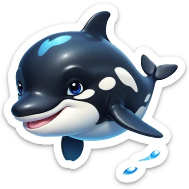 Cinematic Cute orca Portrait Emoji, Head tilted playfully and inquisitively, featuring a smoothly rounded body with bright, sparkling eyes and an adorable, friendly smile, Simplified yet irresistibly adorable features, highly detailed, glowing with a warm, ocean-blue glow, high shine, affectionate and lively, stylized with a touch of whimsical aquatic charm, soft glowing outline, capturing the essence of a mischievous yet endearing orca that seems as if it could leap right into your heart! sticker