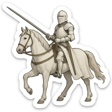 a white knight on a white horse, holding a lance, medieval, clean background sticker