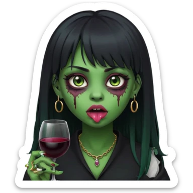 uma garota ZUMBI (cor de pele verde), com piercing na boca e no nariz, com olhos vinhos, cabelos pretos e com franja, e roupa preta sticker